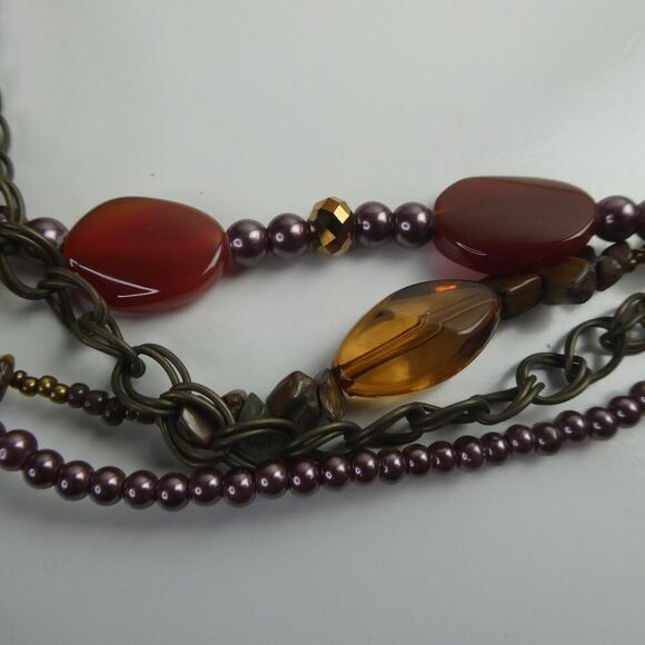 Multi Strand Grey Orange Red Beaded Faux Pearl Stone Plus Size Friendly Necklace - Picture 4 of 8